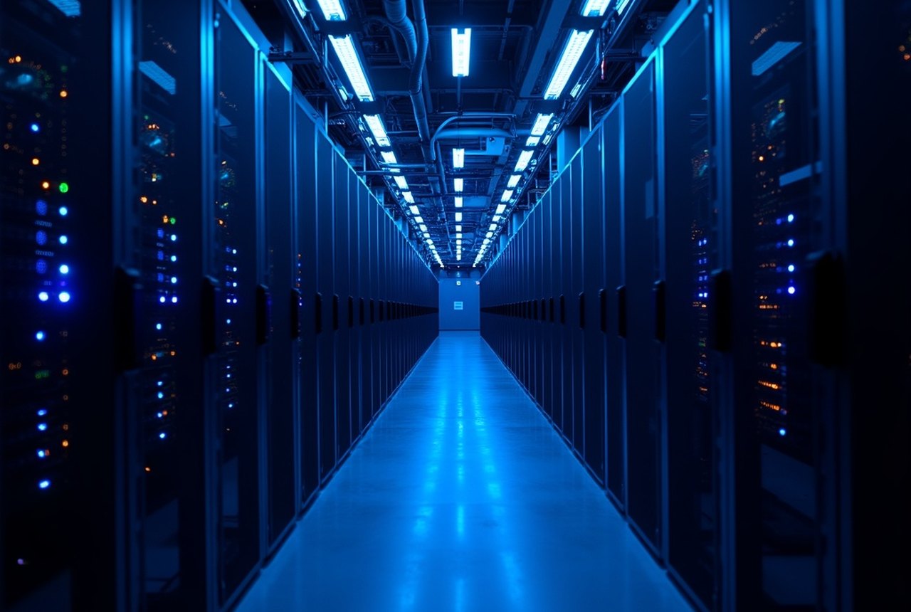 A long cold-aisle corridor between rows of GPU racks, blue-violet LED glow receding to a vanishing point, overhead cable trays and liquid-cooling manifolds